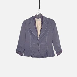 Jesire Purple Blazer Jacket w/ Removable Ruffle Trim Pleated Hem Women’s Size 6